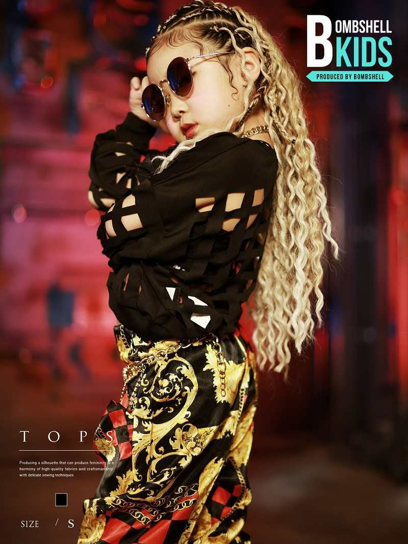 スクエアカットアウトメッシュ長袖ダンスデザイントップス【bombshell KIDS】