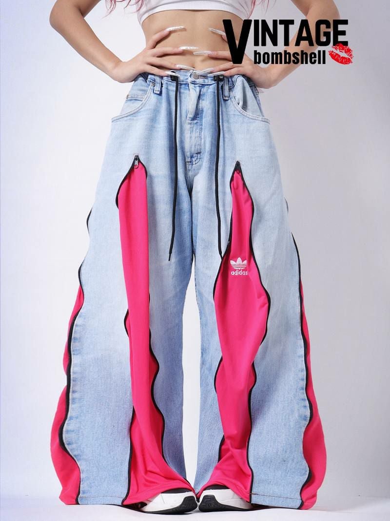 ビビッドピンクadidasドッキング再構築ワイドデニムパンツ【Bbヴィンテージ】