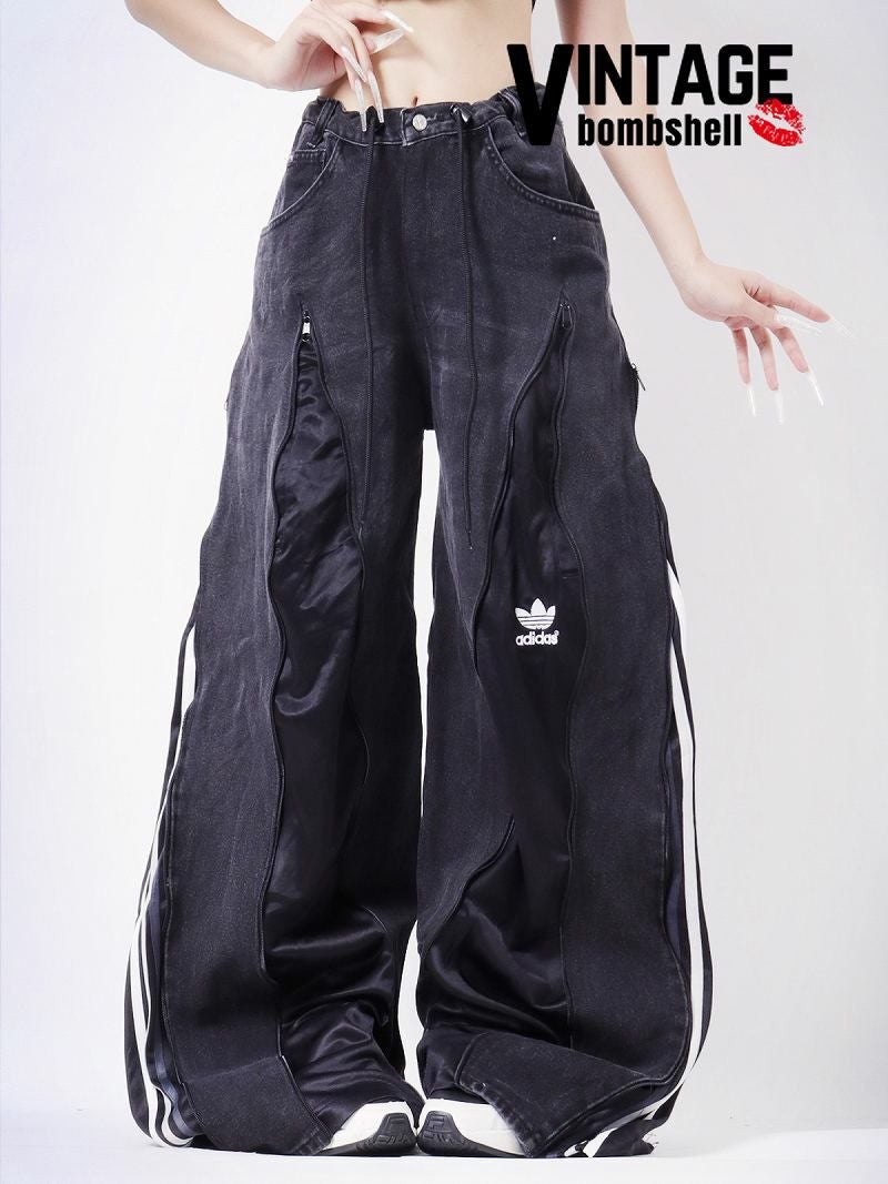 アディダスロゴ×4ジッパー再構築ブラックデニムワイドパンツ【Bbヴィンテージ】