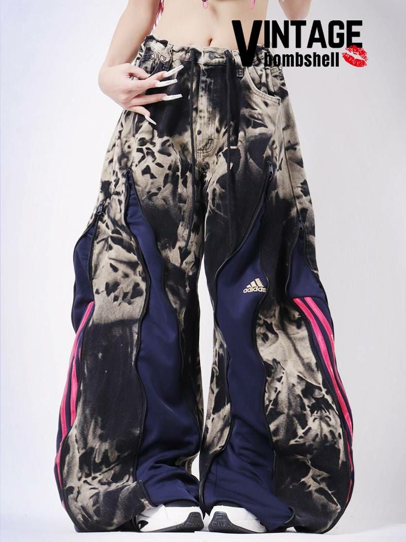 ネイビーadidas×ピンクラインドッキング再構築ワイドデニム【Bbヴィンテージ】