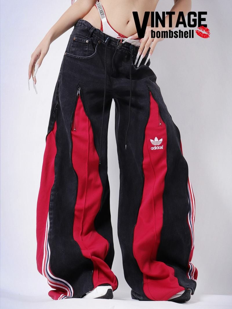 再構築　ブラックデニム　パンツ　リメイク　サイドジップ　アディダス　ワイドピンク レッドadidasジャージドッキング再構築ブラックデニムバギーパンツ【Bb