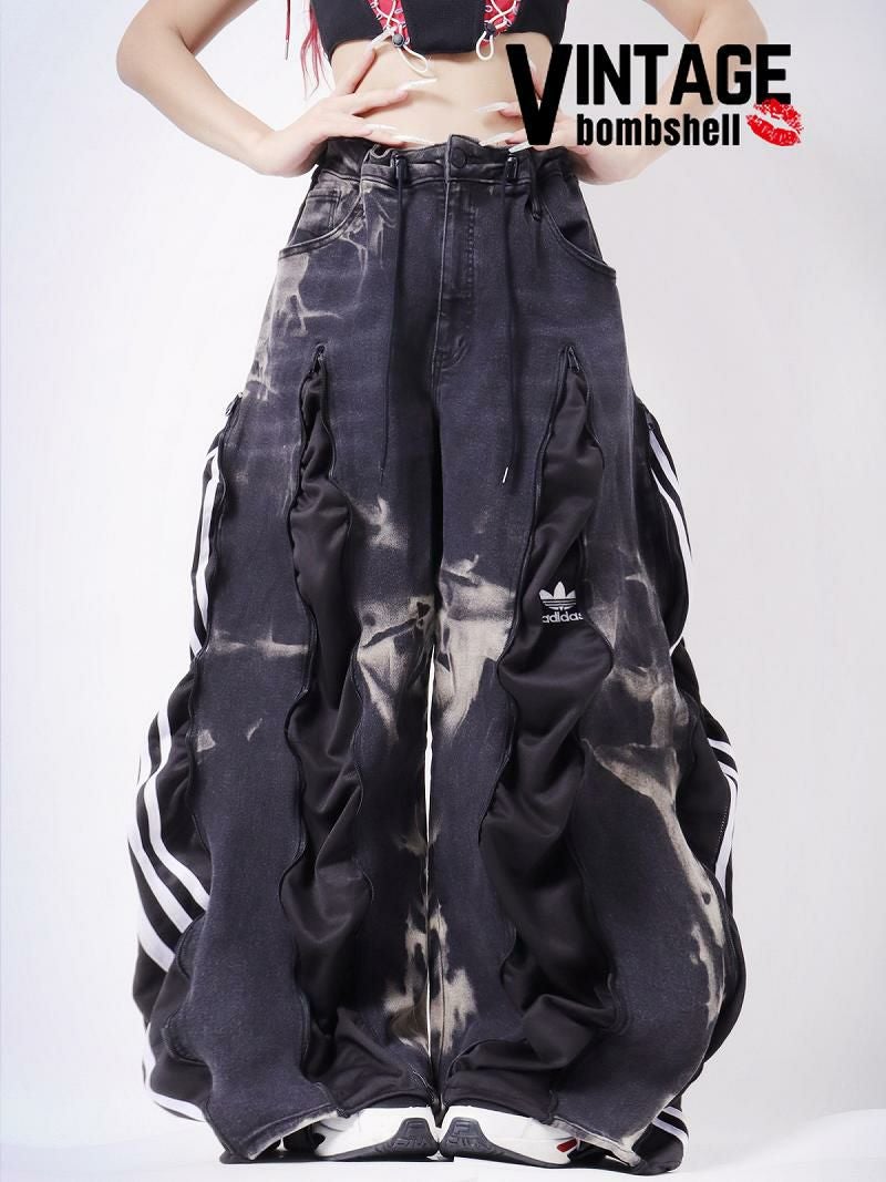 タイダイデニム×ブラックadidas再構築4ジッパーワイドパンツ【Bbヴィンテージ】