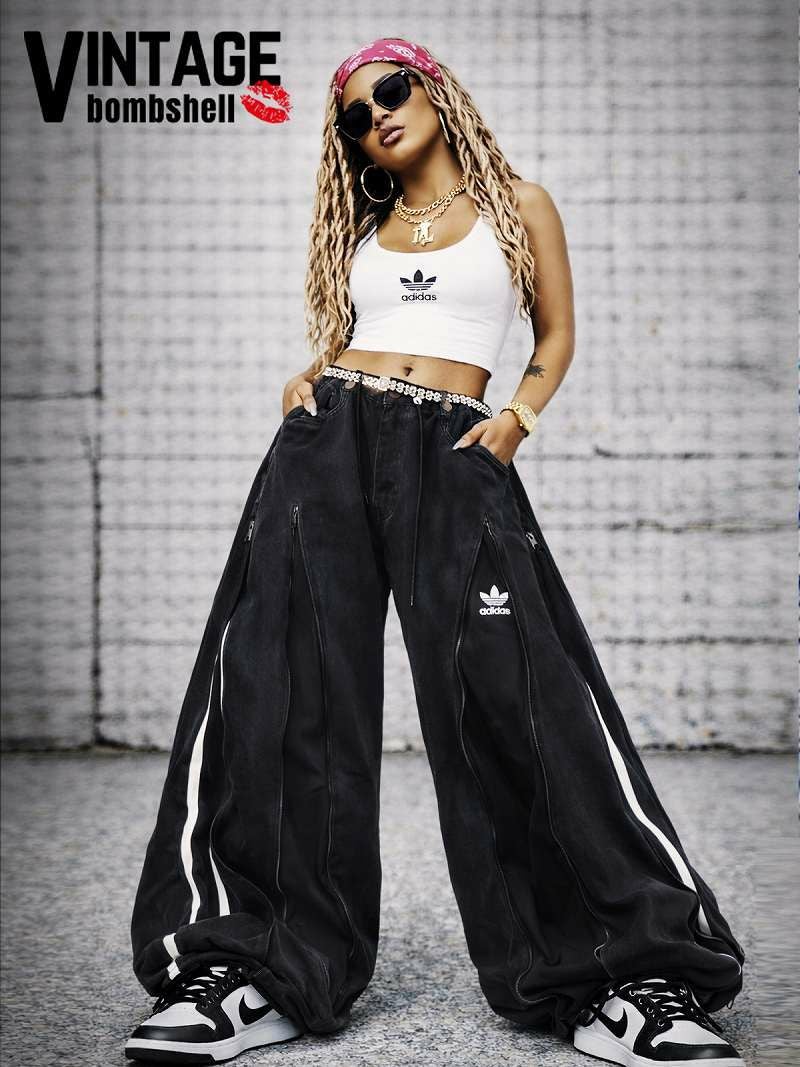 4ジッパーリメイクadidasドッキングブラックワイドデニム【Bb