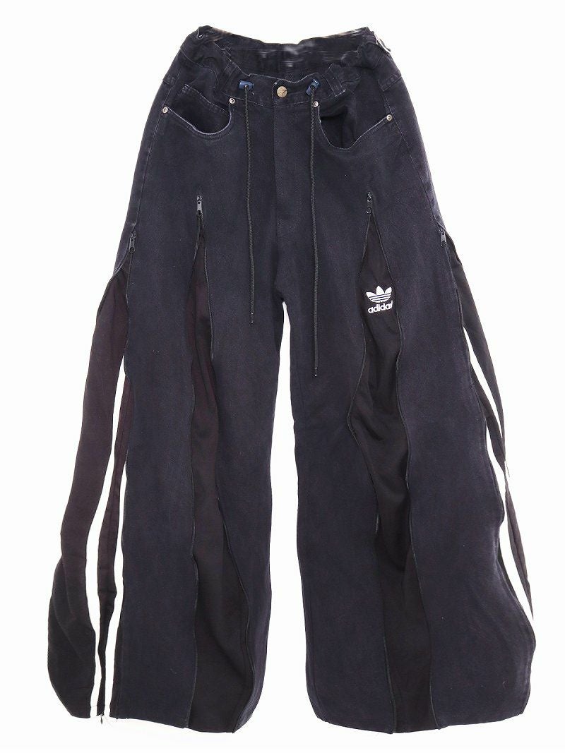 4ジッパーリメイクadidasドッキングブラックワイドデニム【Bb