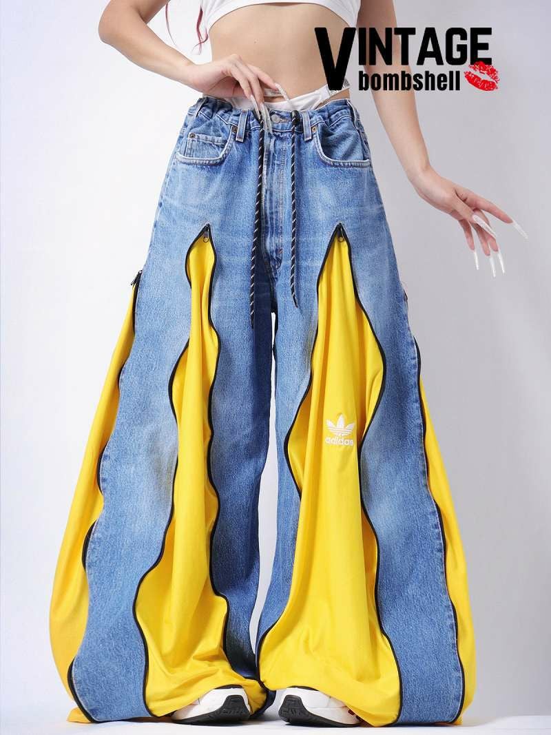 アディダス×イエロー異素材ドッキング再構築ワイドデニムパンツ【Bbヴィンテージ】