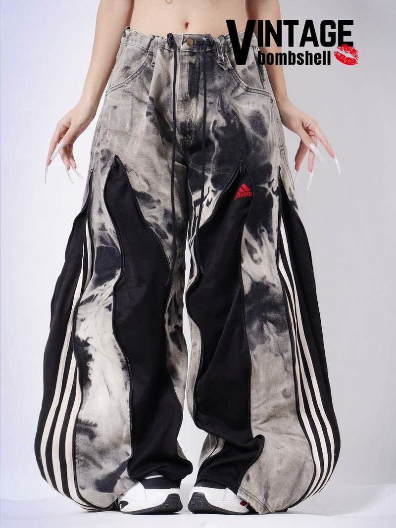 再構築　ブラックデニム　パンツ　リメイク　サイドジップ　アディダス　ワイド 4ジッパーリメイクadidasドッキングブラックワイドデニム【Bb