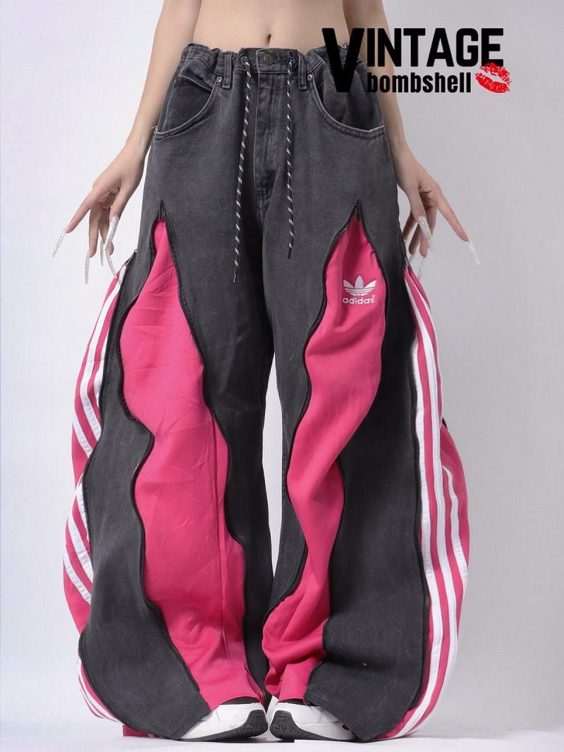 ピンクのアディダスジャージが映えるダークグレー再構築ワイドパンツ【Bbヴィンテージ】