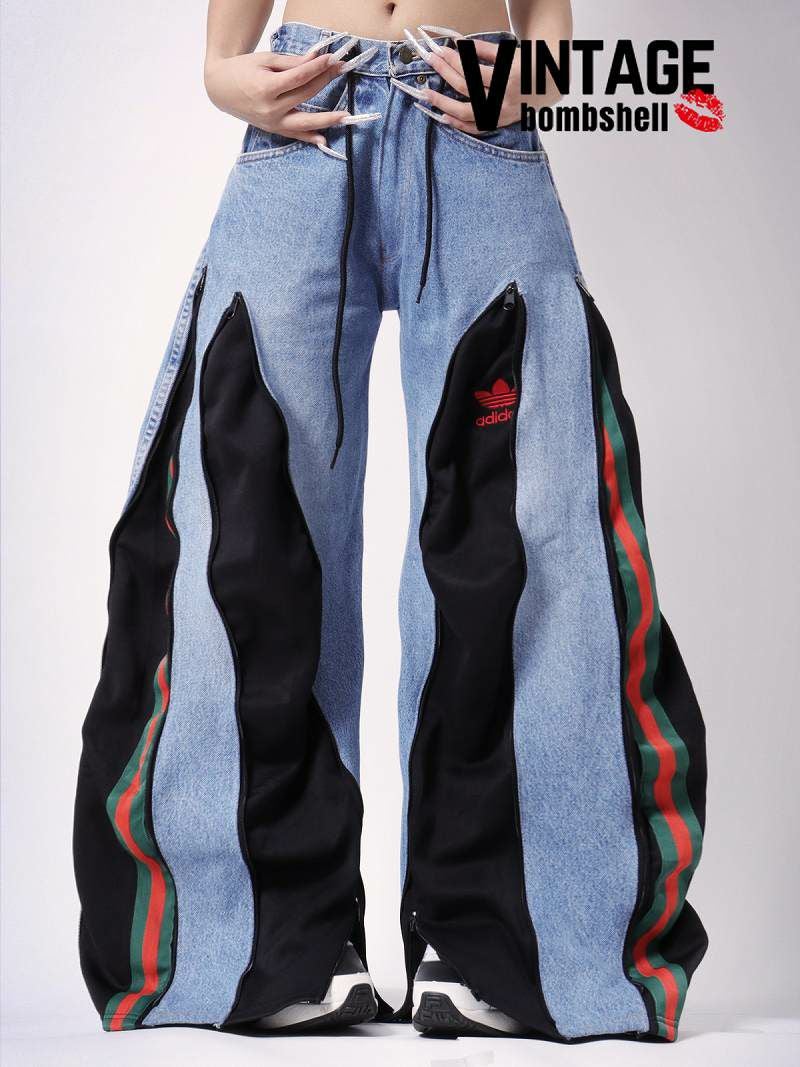 アディダスジャージとデニムを再構築したジップ付きリメイクワイドパンツ【Bbヴィンテージ】
