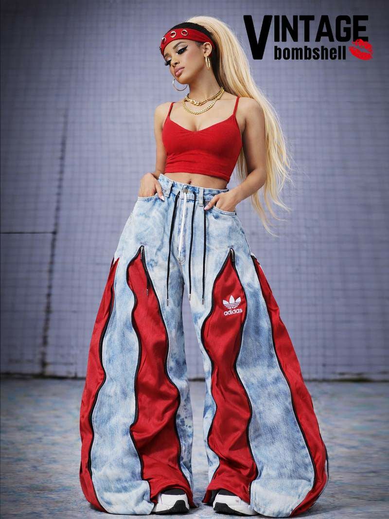 渋めレッドのadidasジャージが映える4ジッパー再構築ワイドデニム【Bbヴィンテージ】