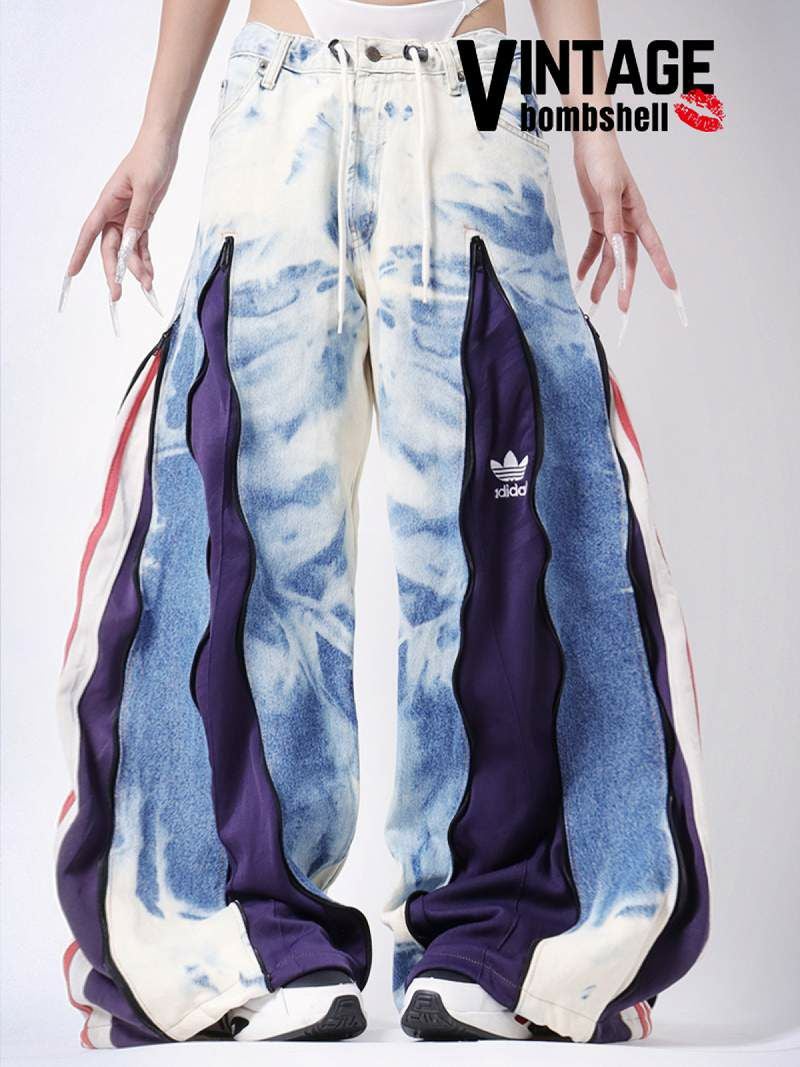 パープルアディダスジャージを大胆にドッキングした再構築ワイドリメイクデニムパンツ【Bbヴィンテージ】