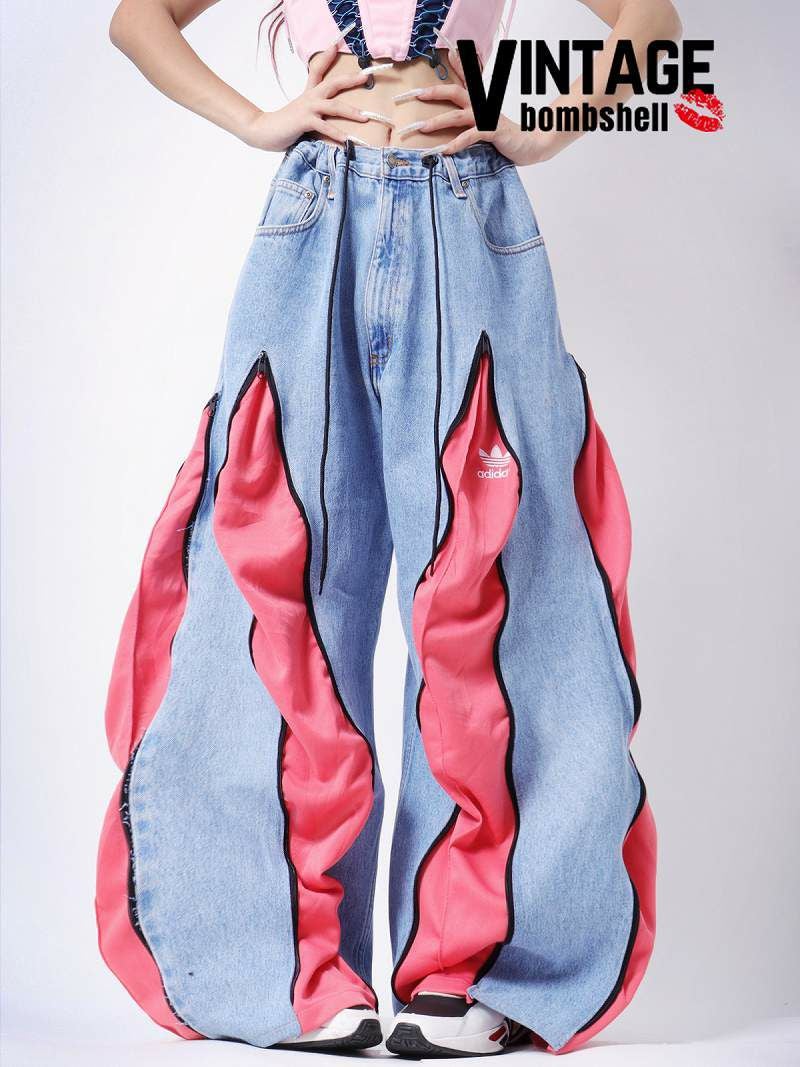 アディダスロゴが映えるサーモンピンク×ライトブルーのリメイク再構築ワイドデニム【Bbヴィンテージ】