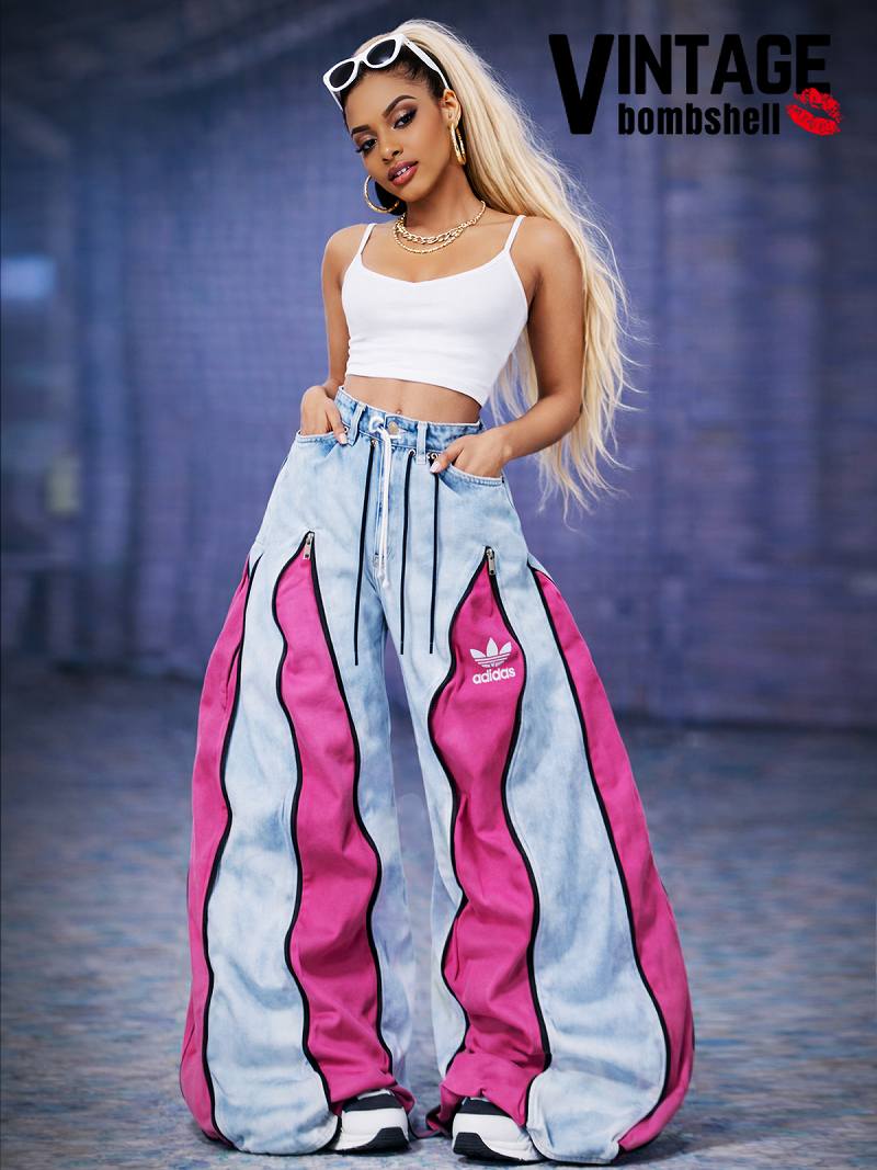 ピンクのアディダスジャージをドッキングした4ジッパー再構築リメイクワイドデニムパンツ【Bbヴィンテージ】