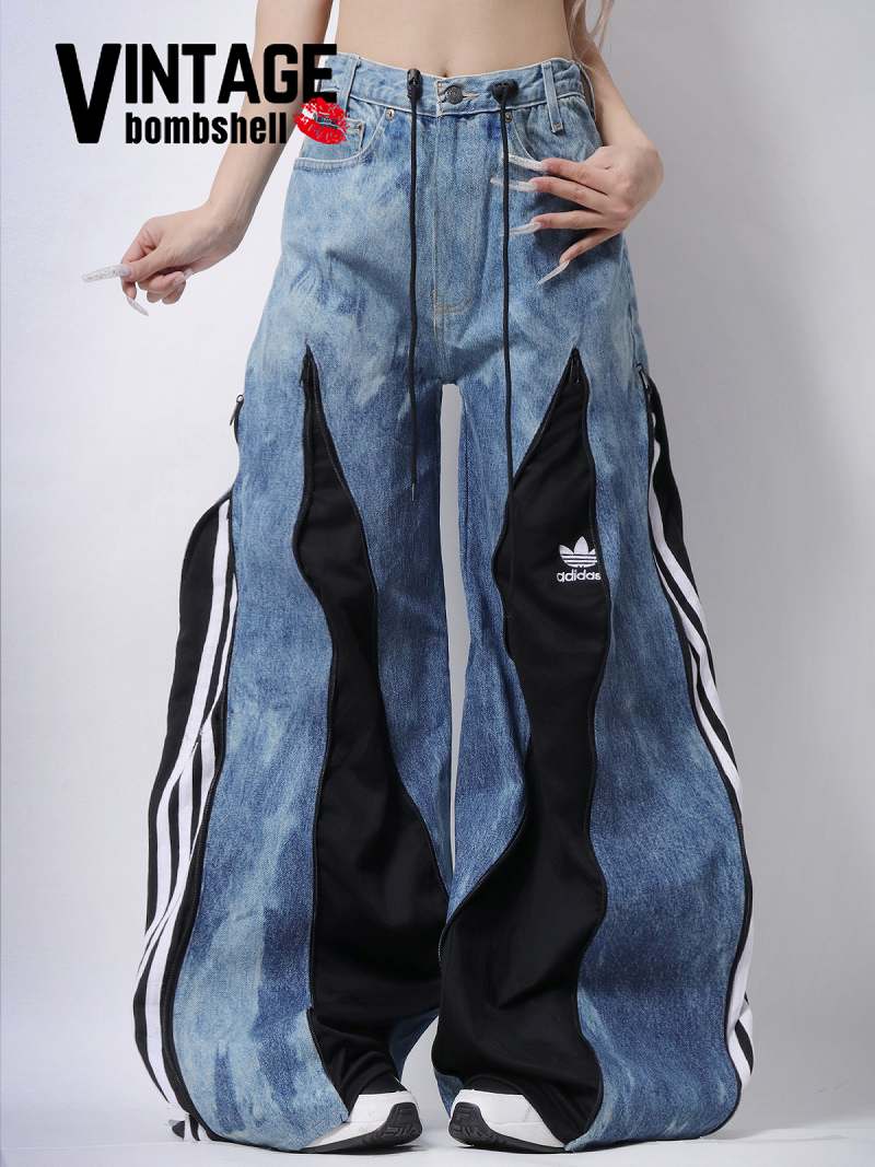 4ジッパーリメイクadidasドッキングブラックワイドデニム【Bb