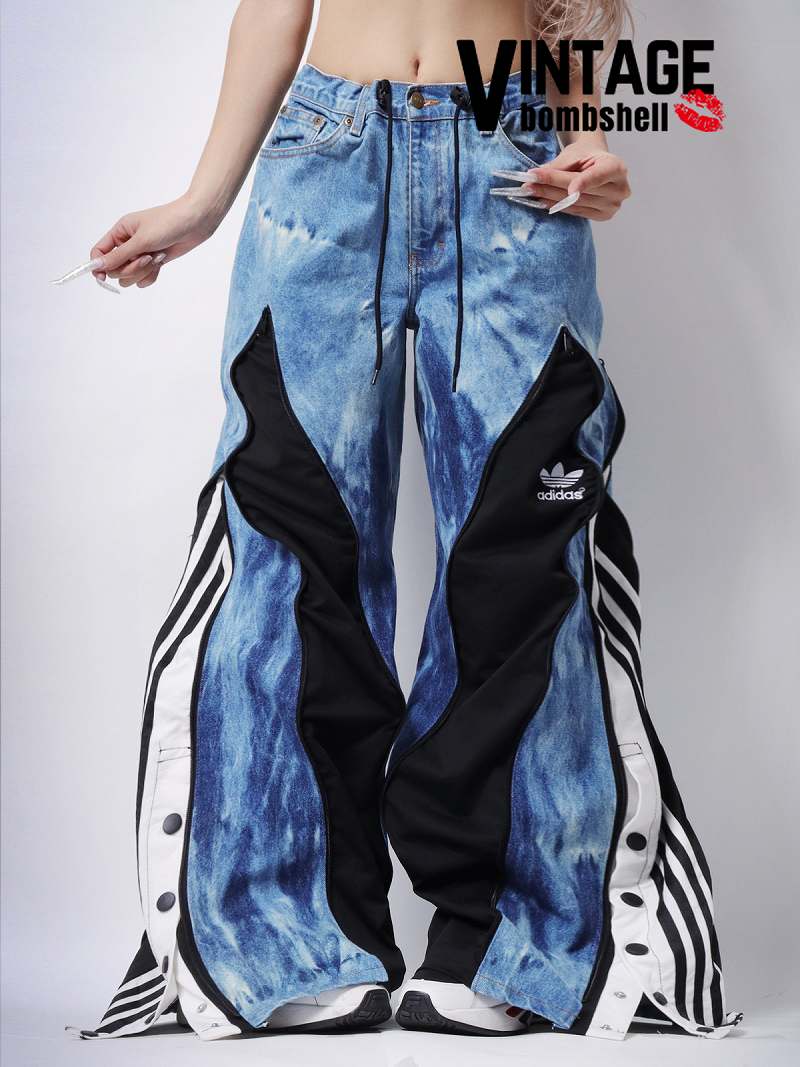 タイダイブルーデニムとadidasトラックパンツを掛け合わせた再構築リメイクワイドパンツ【Bbヴィンテージ】