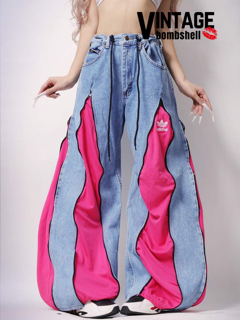 ビビッドピンクが目を惹くアディダスジャージドッキング再構築リメイクワイドデニム【Bbヴィンテージ】