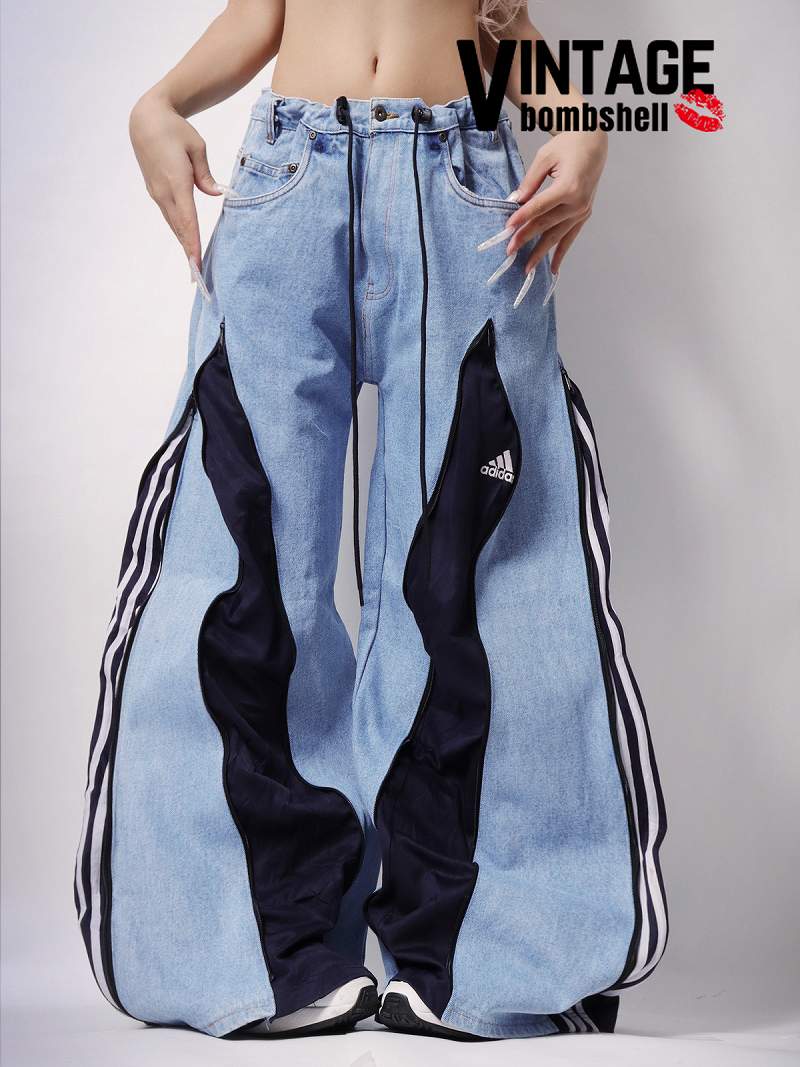 ネイビーのadidasジャージをドッキングさせた4ジッパー再構築ワイドデニムパンツ【Bbヴィンテージ】