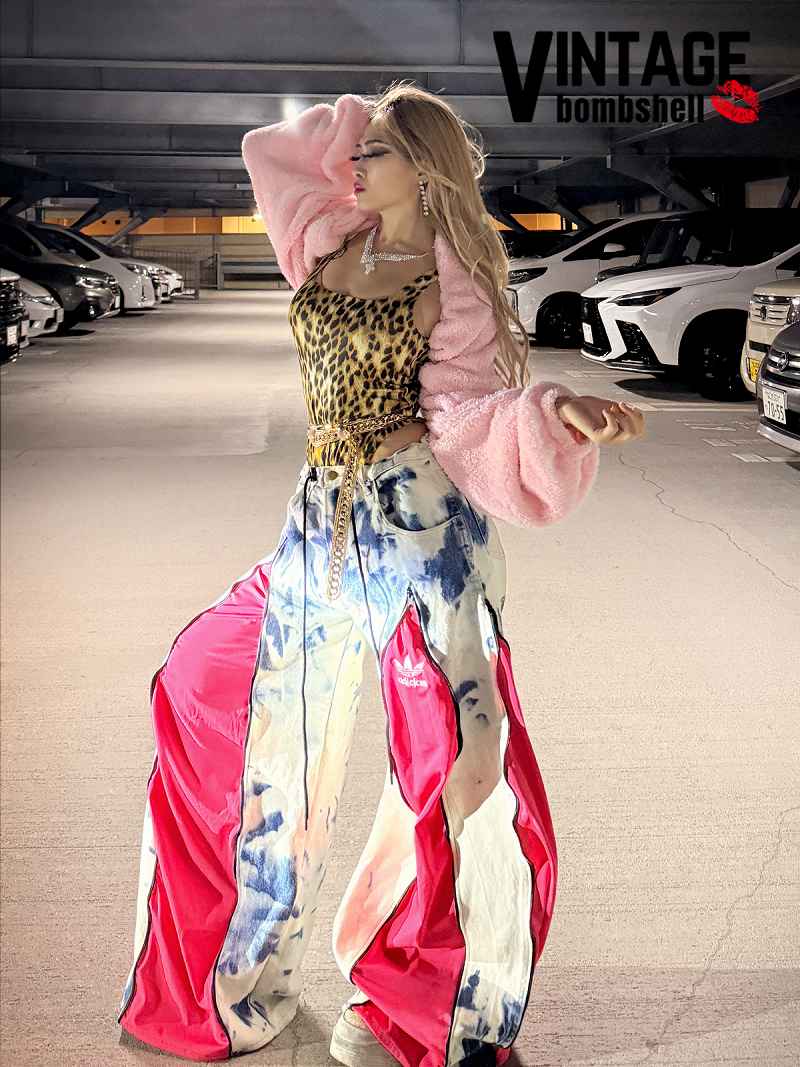 ネオンピンクadidas×スノー加工デニム4ジッパー再構築ワイドパンツ【Bbヴィンテージ】
