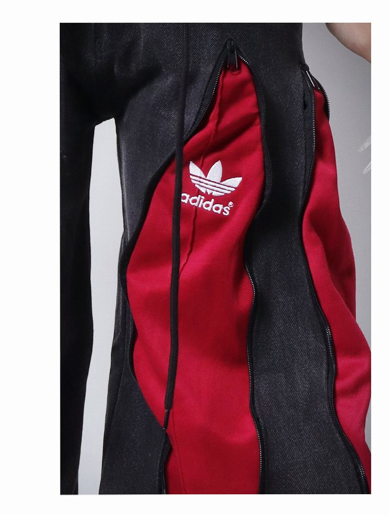 リメイクadidas 4ジッパーデニムワイドパンツ 黒/赤 S 101150 深みのあるワインカラーが映えるadidasリメイク4ジッパーワイドパンツ