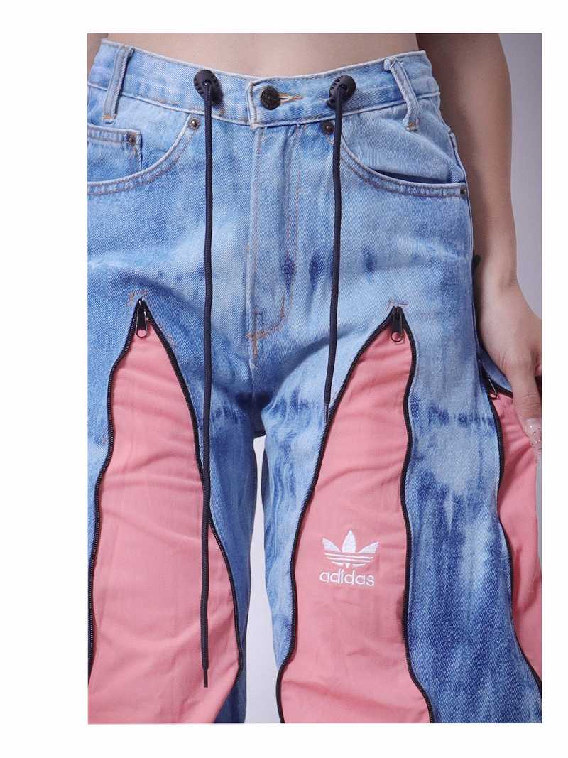 ブルータイダイウォッシュとピンクadidasの再構築ワイドデニムパンツ