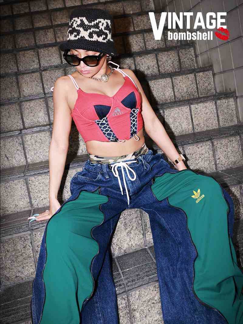 ダークグリーンadidasジャージをドッキングした再構築リメイクワイドデニム【Bbヴィンテージ】