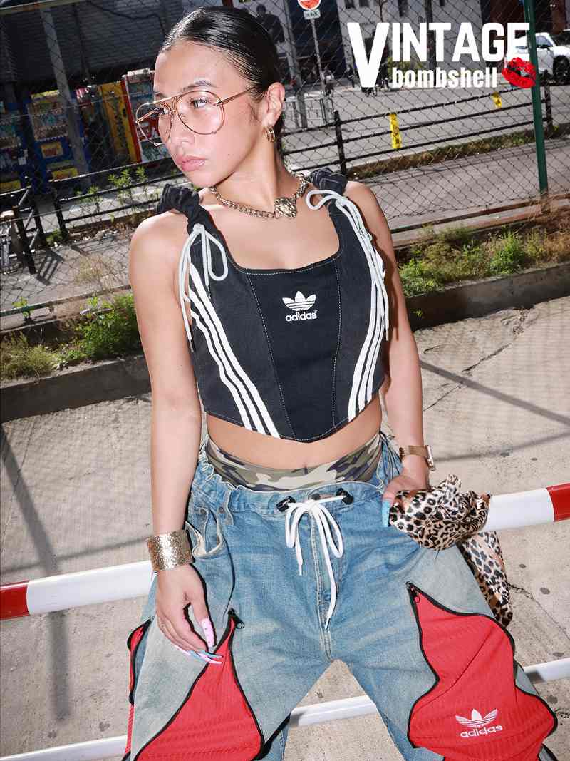 adidasの3本ラインを活かしたリメイクデニム風スピンドルビスチェ【Bb