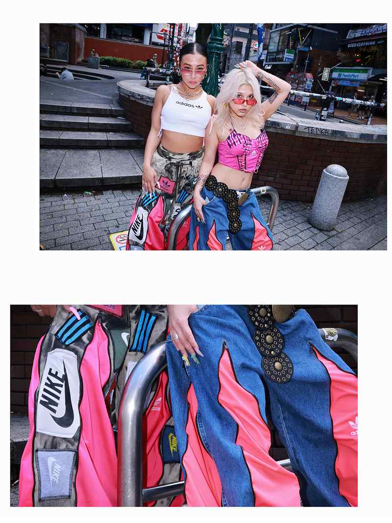 Nike×adidas異素材ミックスの4ジッパー再構築ワイドリメイクパンツ【Bb