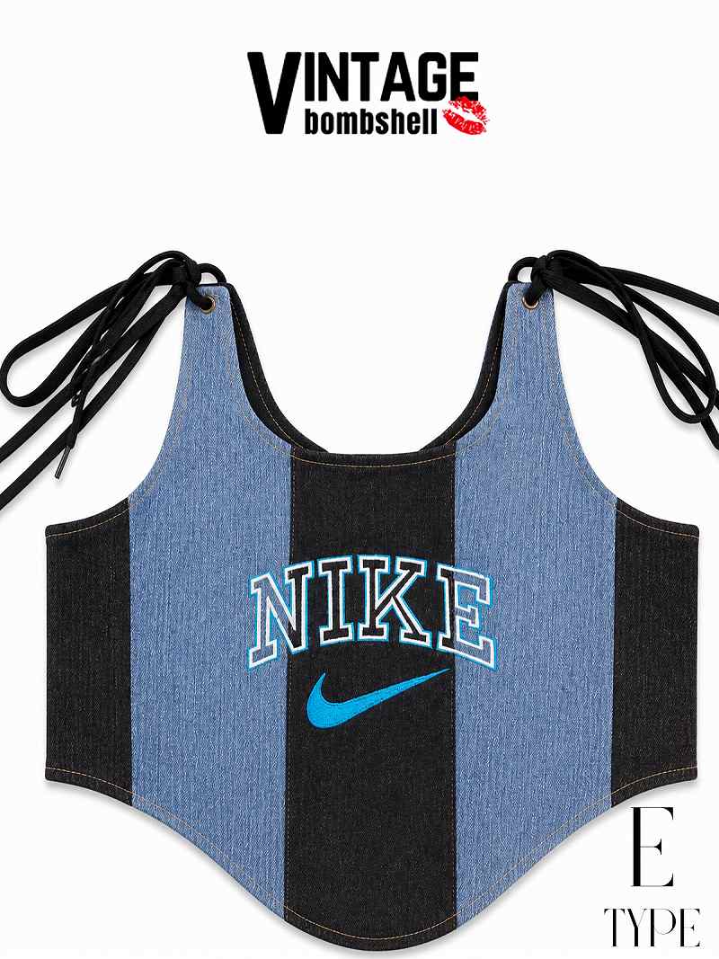 Nike ロゴ刺繍 ビスチェ　リメイク NIKEロゴ刺繍が映えるデニム再構築リメイクビスチェ【Bbヴィンテージ