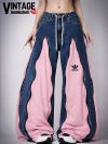 濃いめブルーデニム×薄ピンクコラボが可愛いadidas 4ジップリメイクワイドパンツ【Bbヴィンテージ】