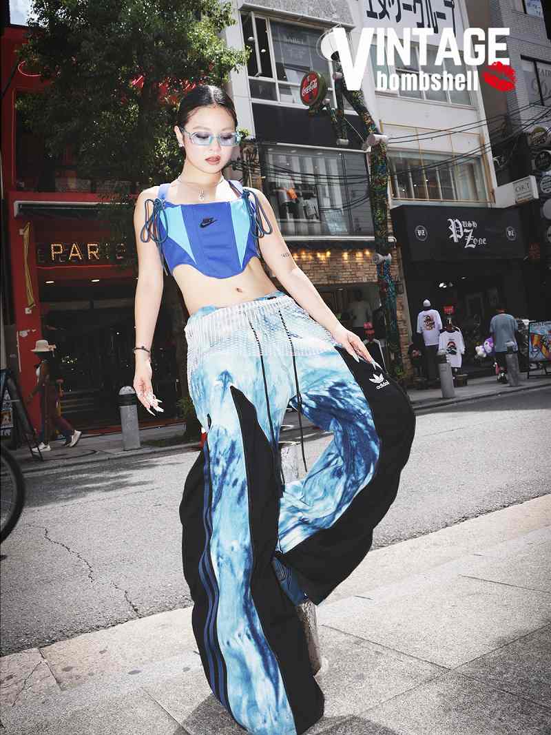 タイダイブルーデニム×adidasジャージ4ジップ再構築ワイドデニム【Bbヴィンテージ】