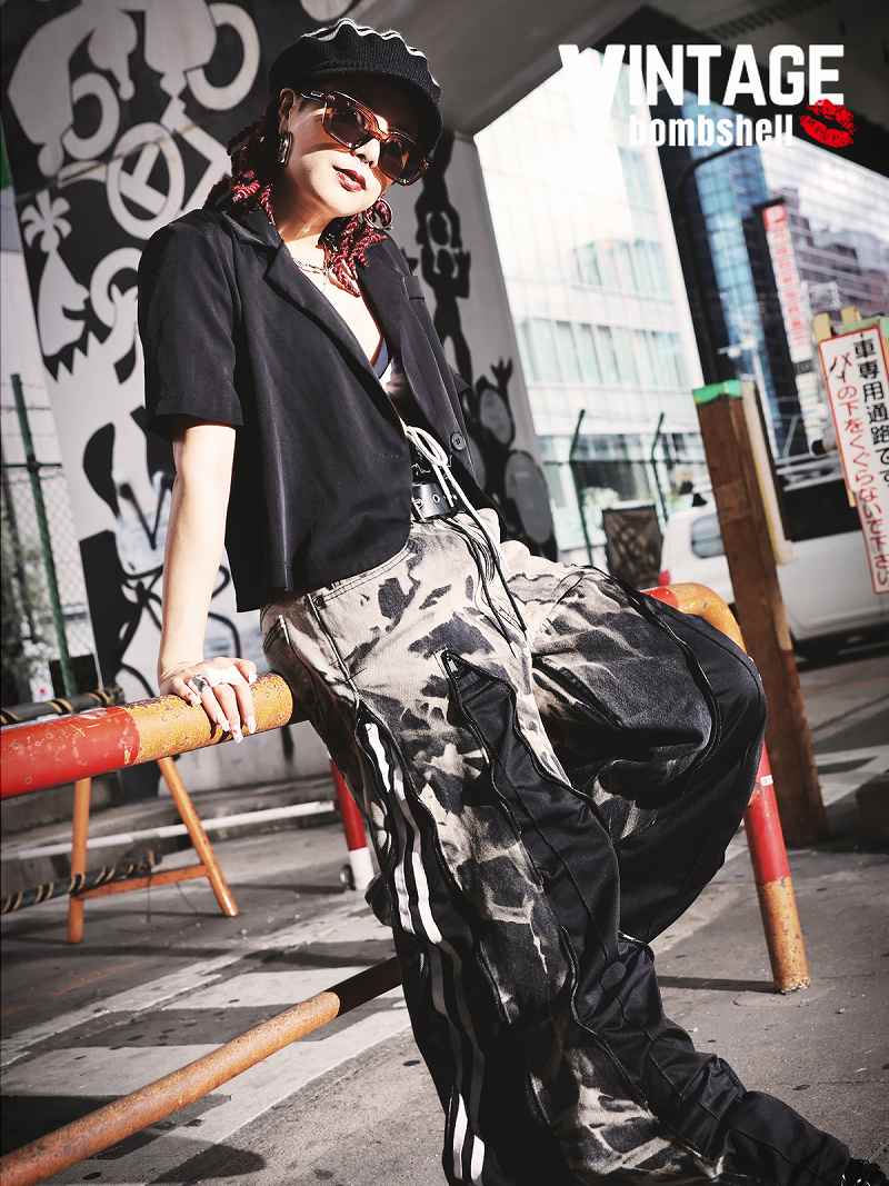 adidas黒トラックパンツ再構築リメイク4ジップワイドデニム【Bbヴィンテージ】